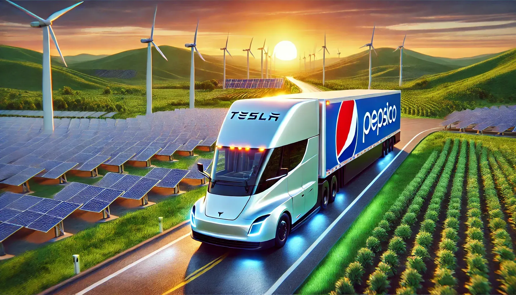 A Tesla semi-truck with a Pepsi logo drives on a road.