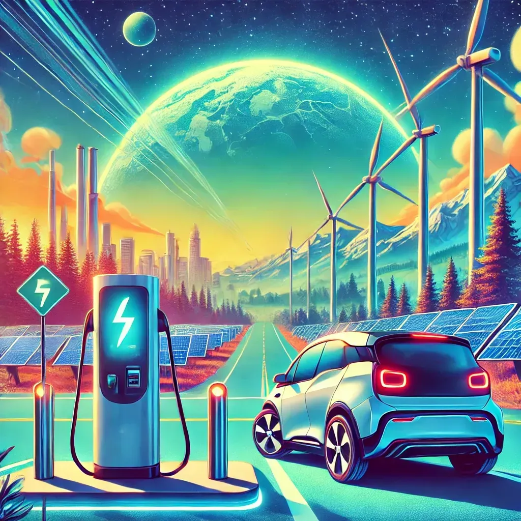 A futuristic scene with an electric car charging at a station surrounded by solar panels.