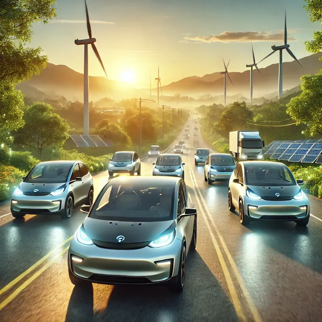 A fleet of futuristic electric cars drives on a scenic road.