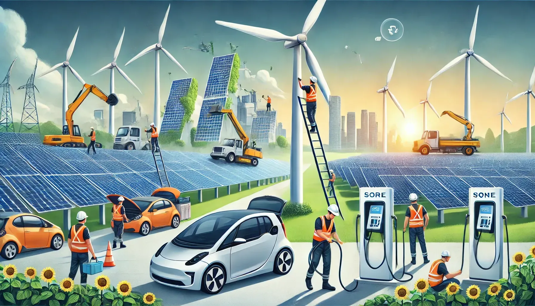A vibrant scene illustrates renewable energy.