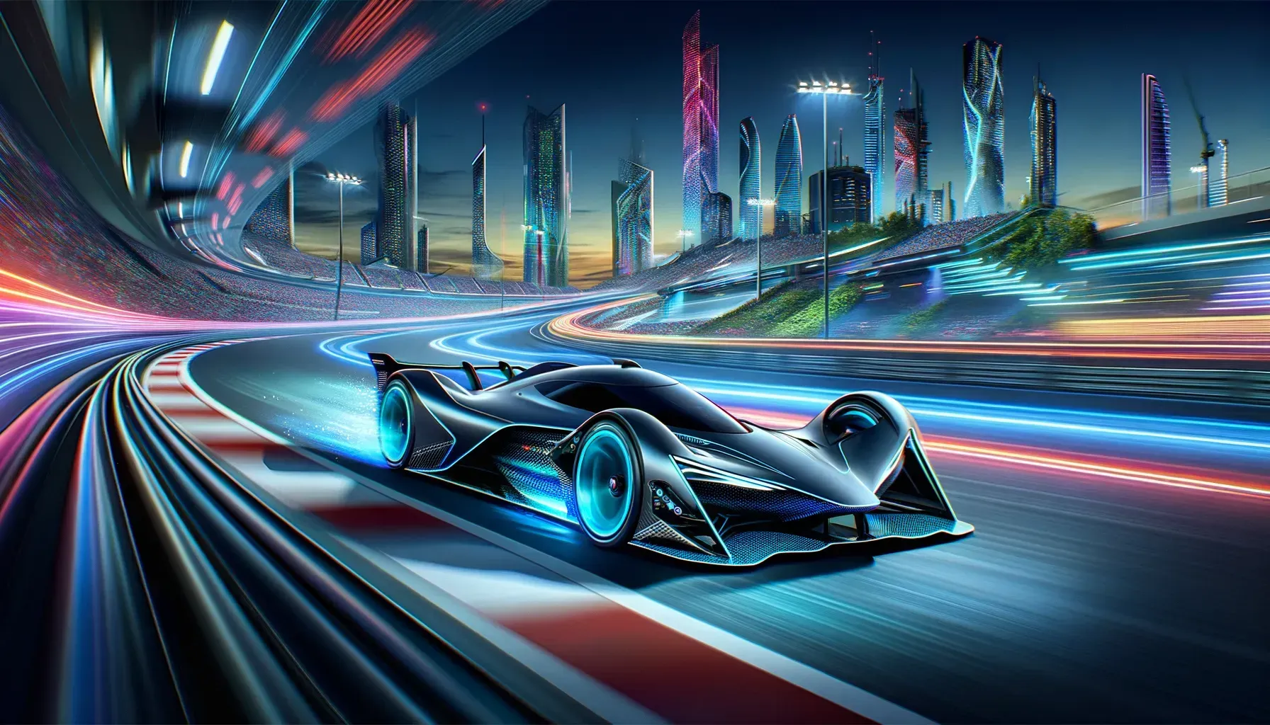 Futuristic race car speeds around a track, city skyline backdrop, neon lights and trails.
