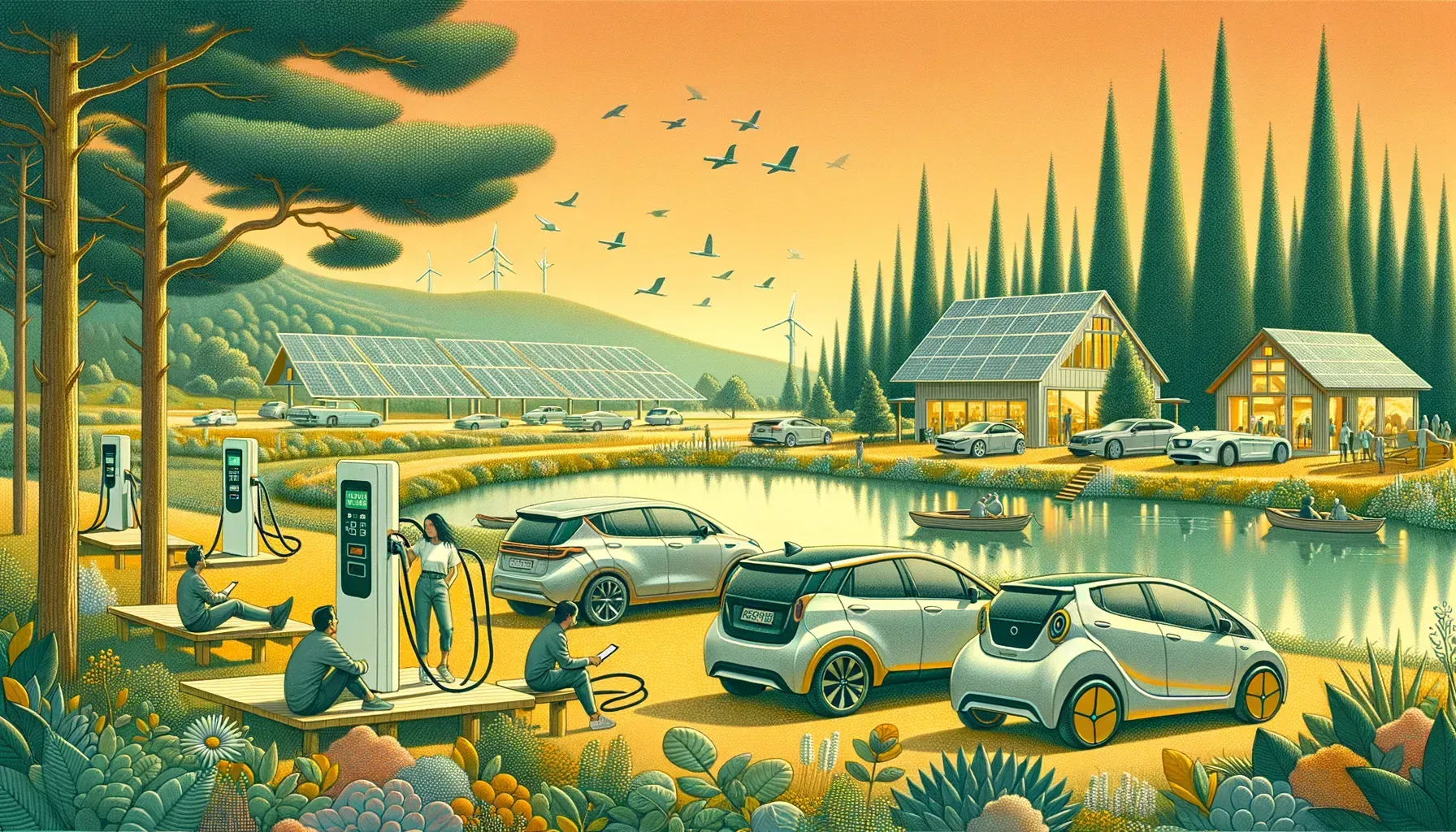A painting of electric cars being charged at a charging station.