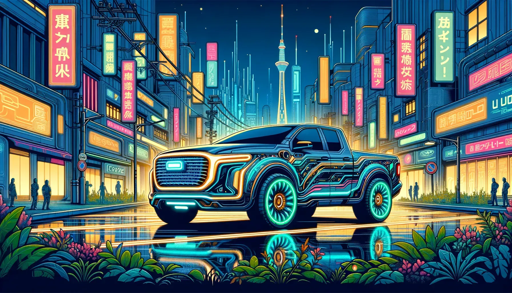 A futuristic truck is driving down a city street at night.
