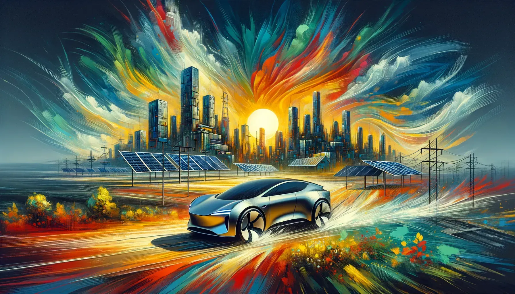 Electric car driving toward a city with a bright sunset and colorful energy display.