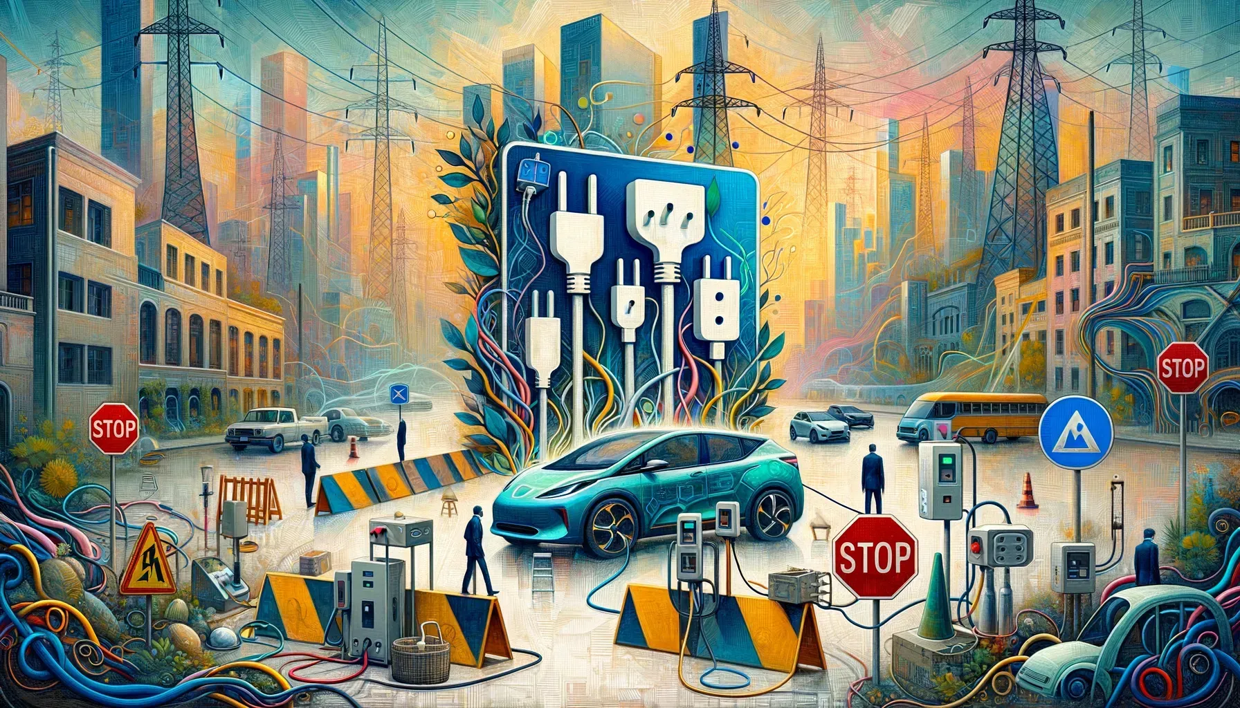 An illustration of an electric car being charged in a city.