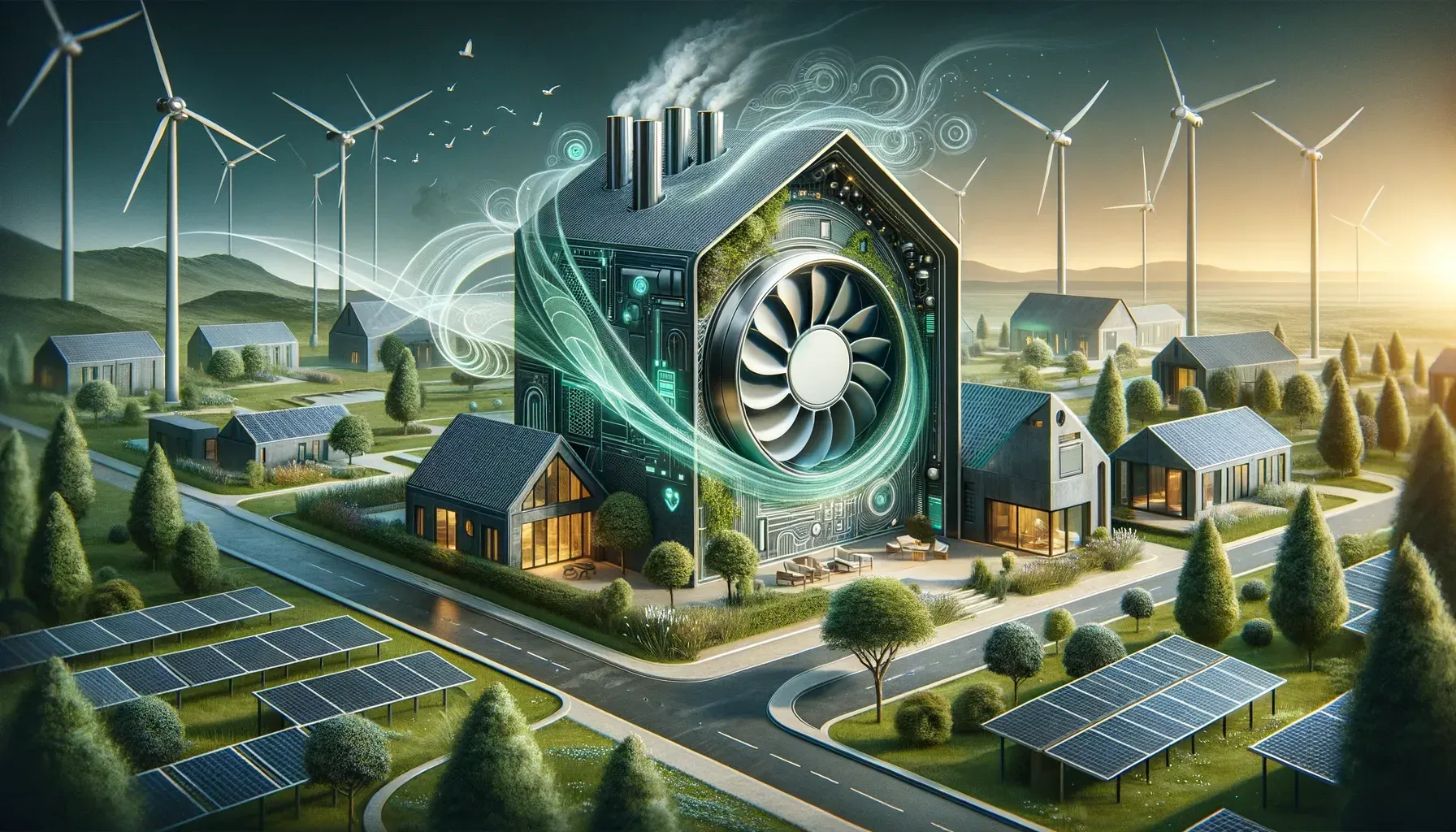 A futuristic eco-friendly village powered by wind turbines, solar panels, and an energy-generating house.