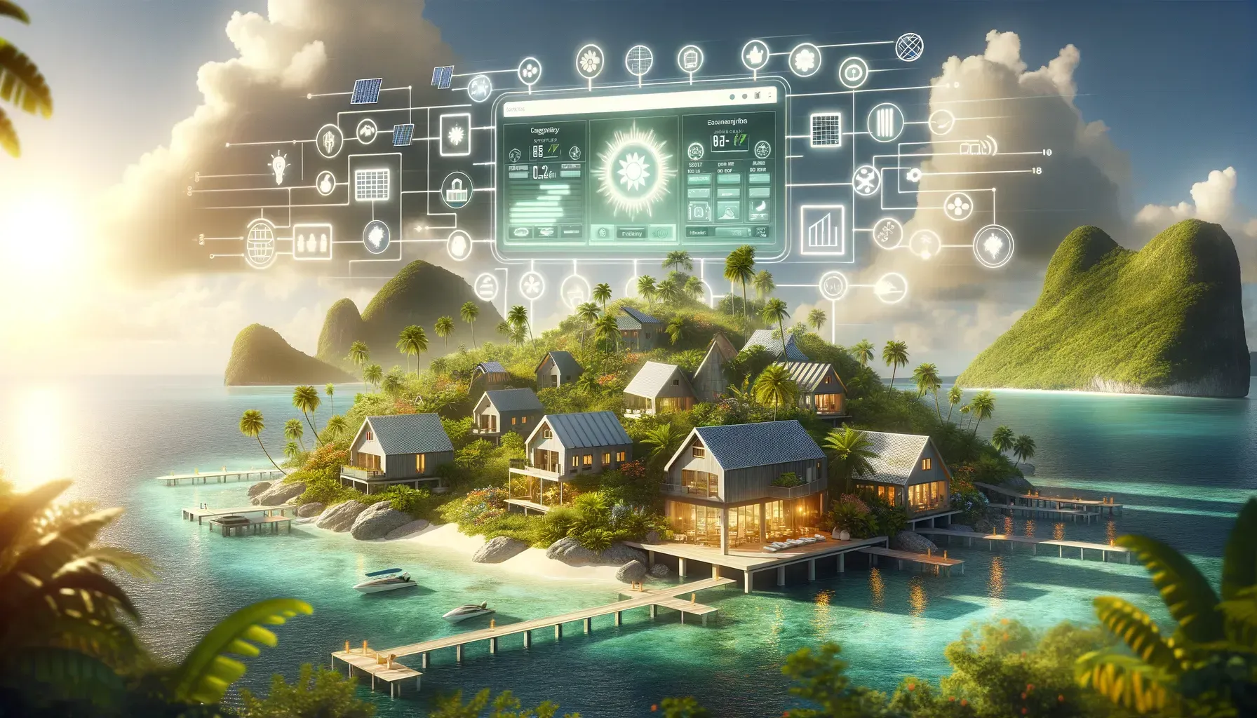 A small island in the middle of the ocean with a computer screen above it.