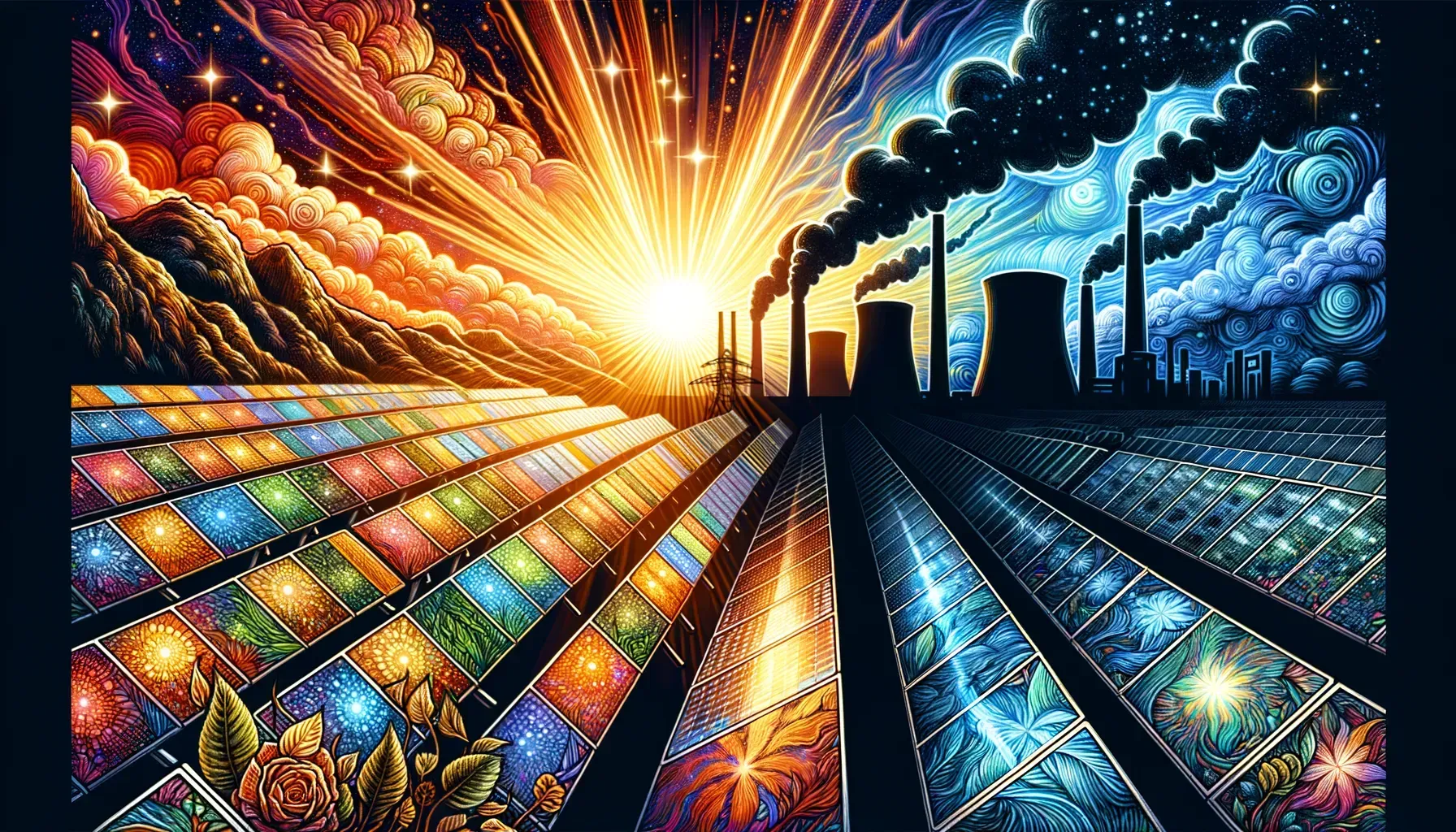 A colorful painting of a factory with a sunset in the background.
