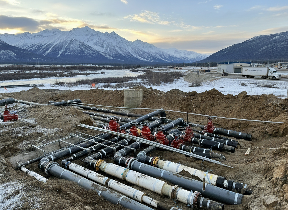 Construction site with large pipes and red valves in the trench, a workers in safety gear nearby.