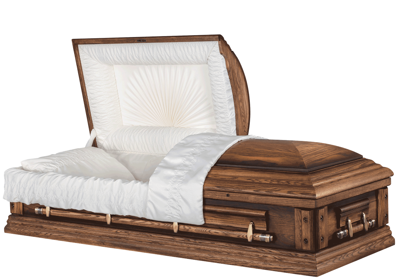 a wooden coffin with the lid open and a white blanket on it .