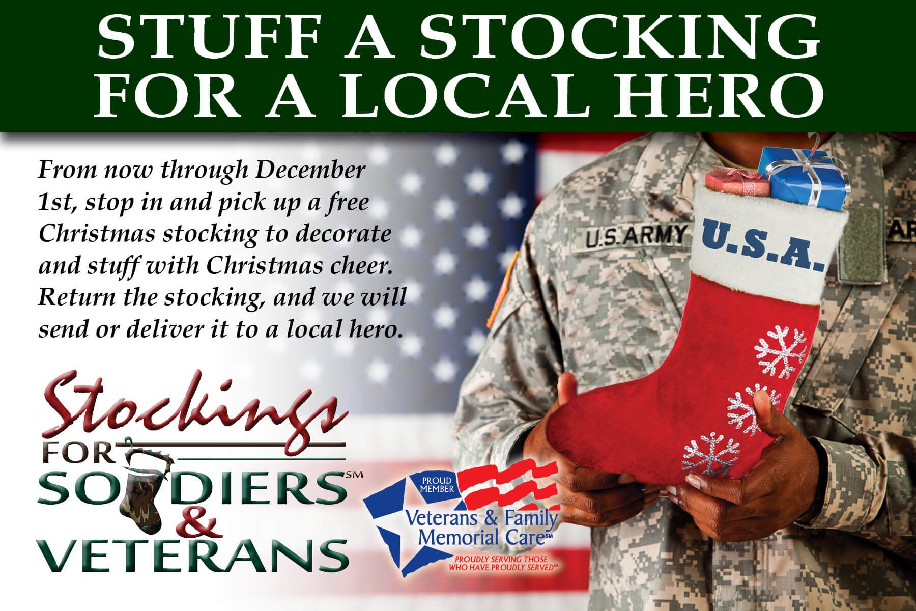 a soldier is holding a christmas stocking that says stuff a stocking for a local hero