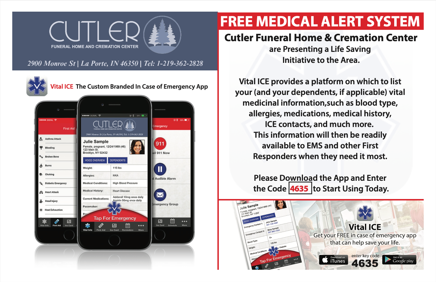 an advertisement for a free medical alert system for cutler funeral home & cremation center Vital Ice Information