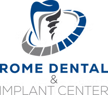 Rome Dental & Implant Center logo: blue tooth with implant, encircled by gray and blue design.