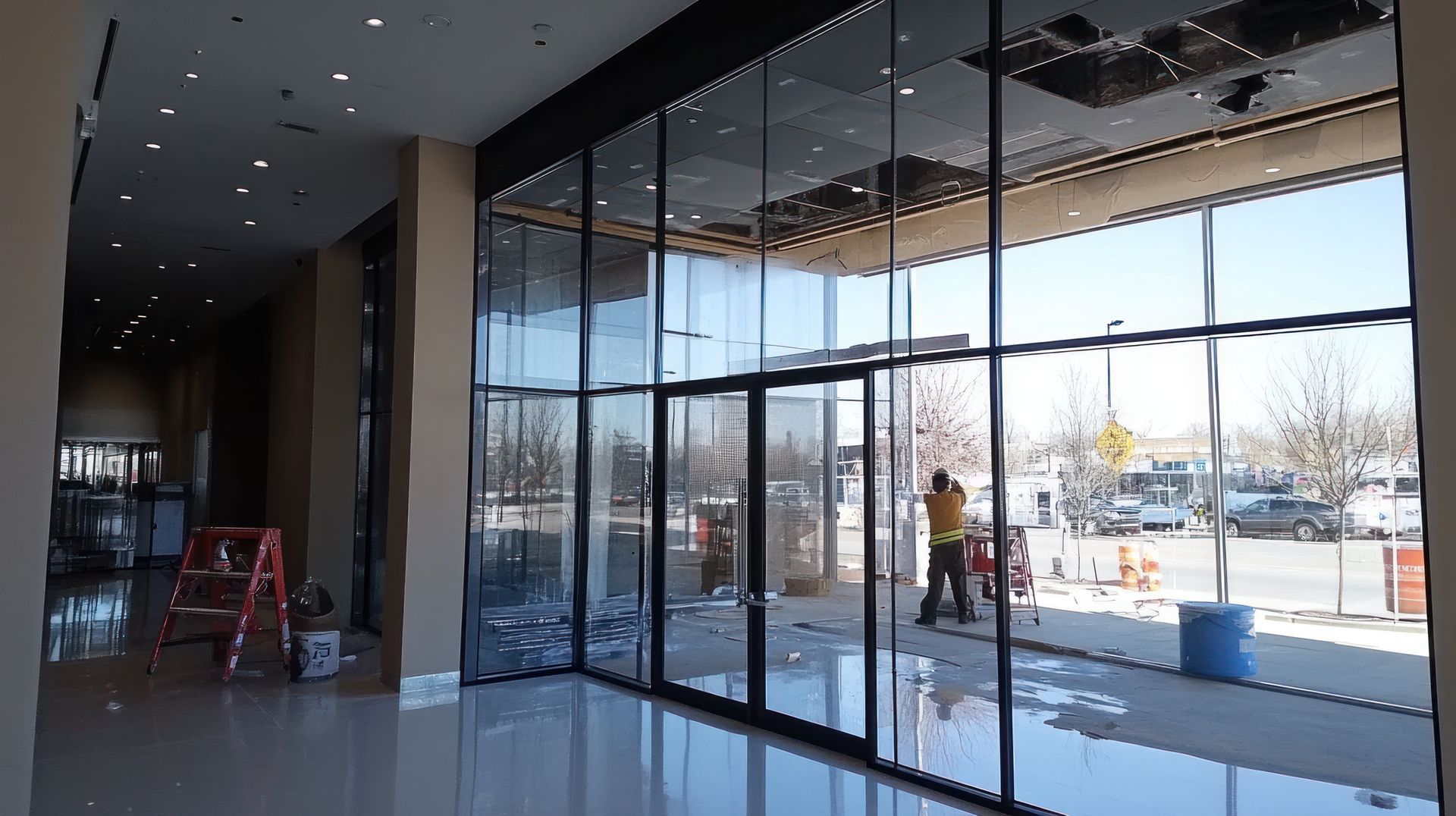 Inside a building, a large glass wall with a door. Two workers are visible outside.