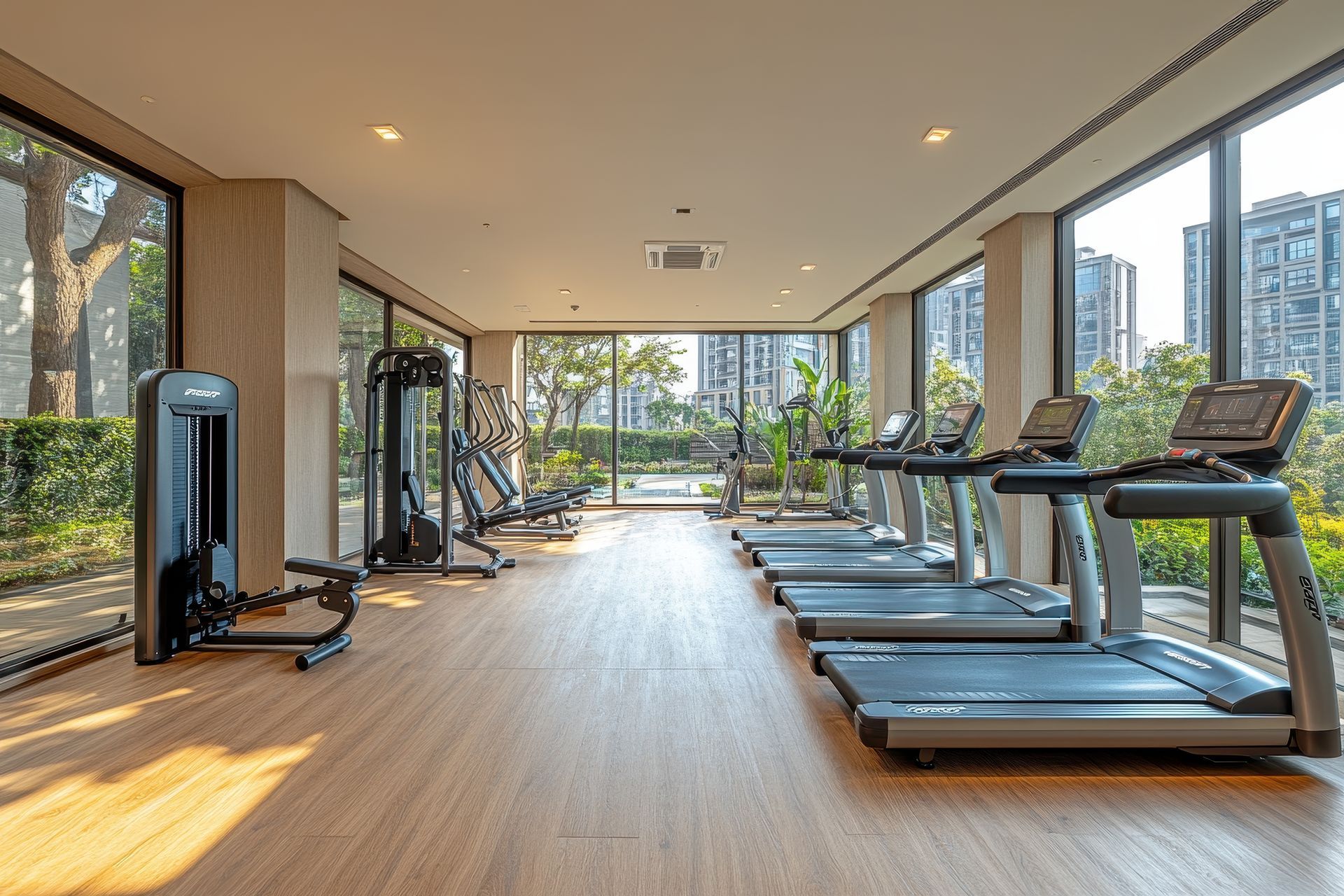 Gym interior with treadmills, weight machines, and large windows overlooking a cityscape.