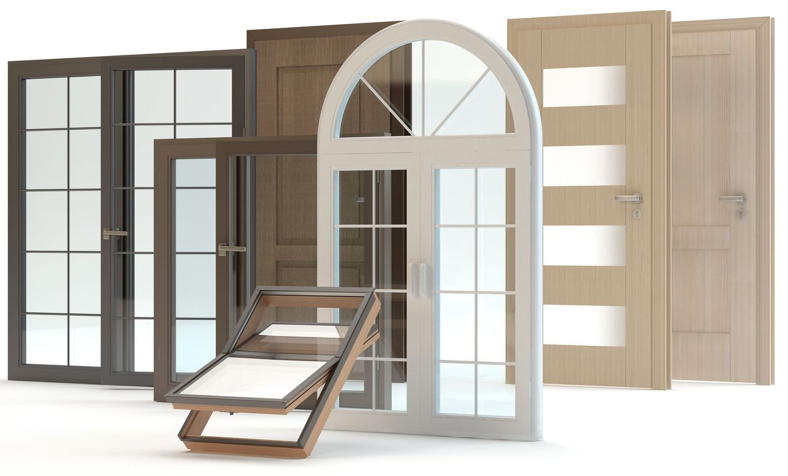 Various interior doors in shades of brown and white, featuring glass panels and a skylight.