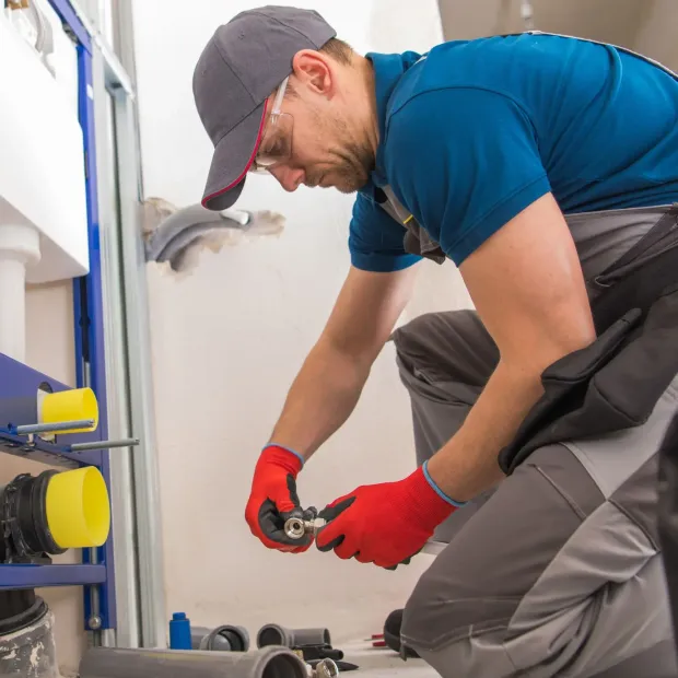 A plumber is working on a pipe in a bathroom.