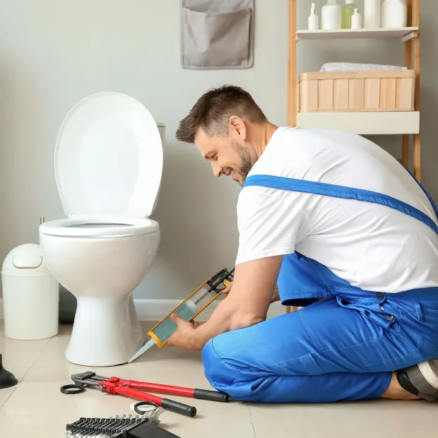 A plumber is kneeling down in a bathroom fixing a toilet.