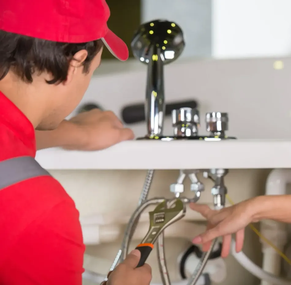 A plumber is fixing a sink with a wrench