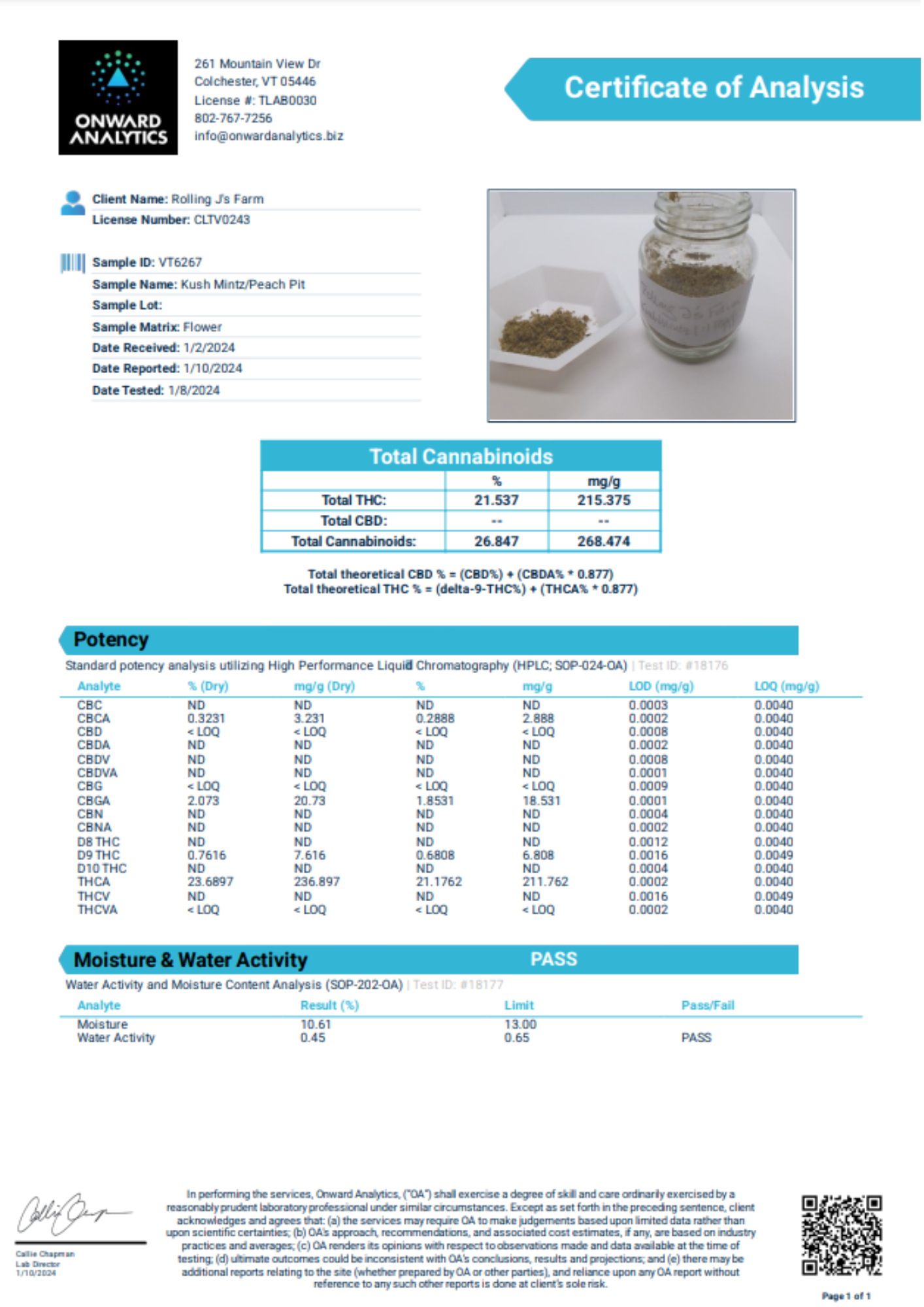 Rolling J's Farm Kush Mintz-Peach Pit Custom Blend Potency Test Results