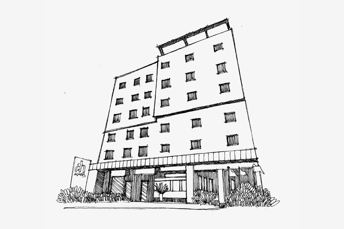 Um desenho em preto e branco de um grande edifício sobre um fundo branco.