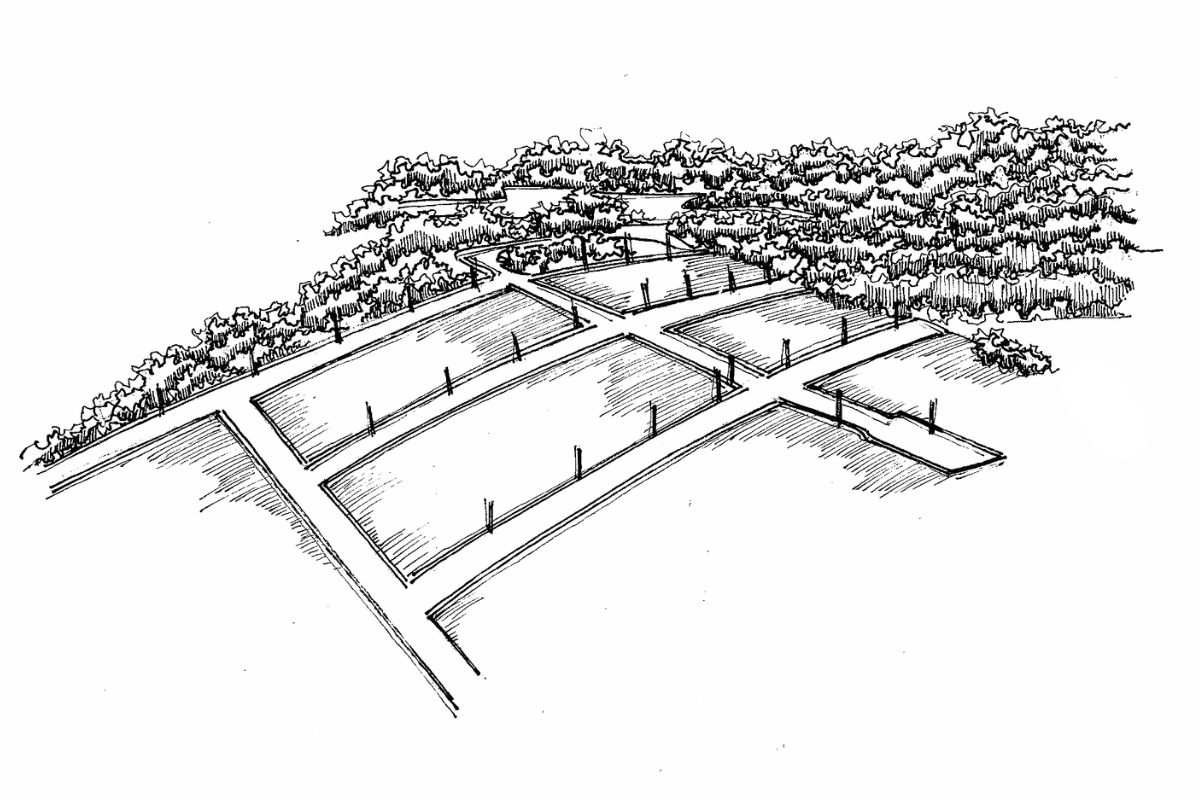 Um desenho em preto e branco de uma vista aérea de uma área residencial.