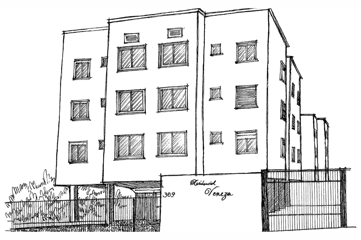 Um desenho em preto e branco de um prédio com uma cerca ao redor.