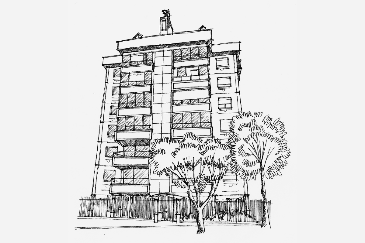 Um desenho em preto e branco de um prédio alto com árvores na frente.