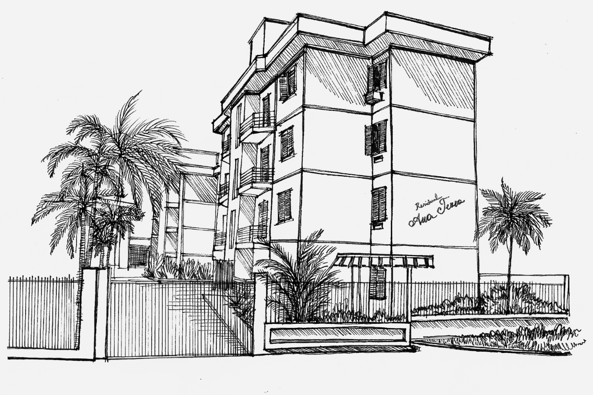 Um desenho em preto e branco de um prédio com palmeiras na frente