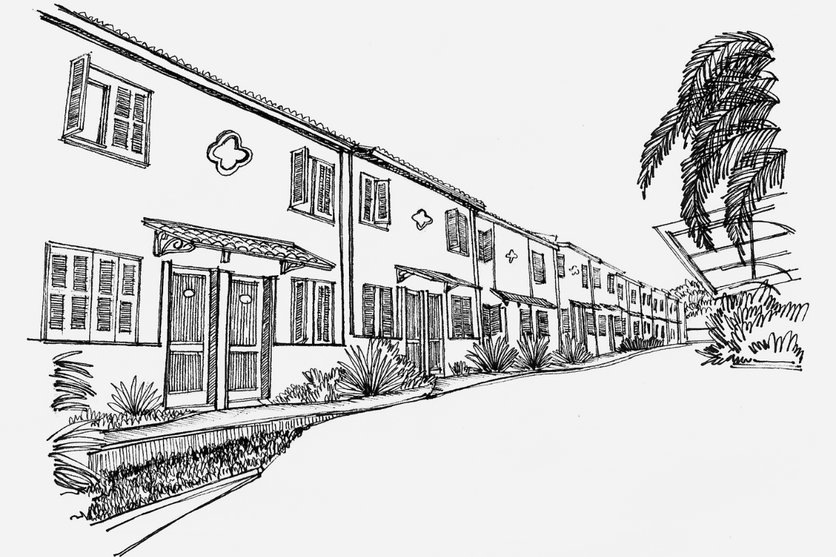 Um desenho em preto e branco de uma fileira de casas