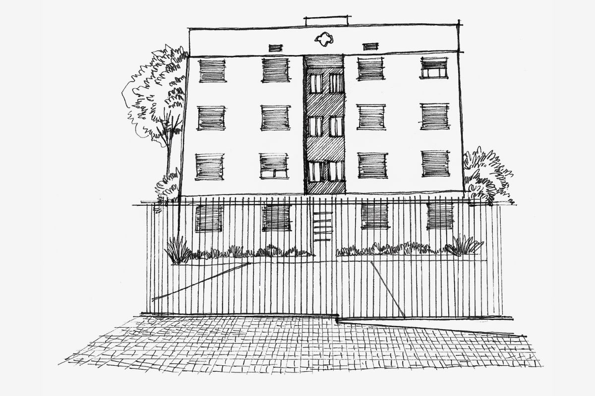 Um desenho em preto e branco de um prédio com uma árvore na frente.