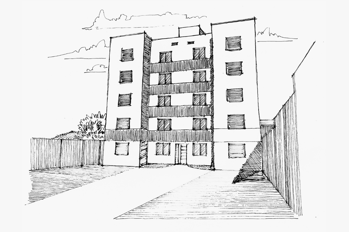Um desenho em preto e branco de um prédio com uma cerca na frente.