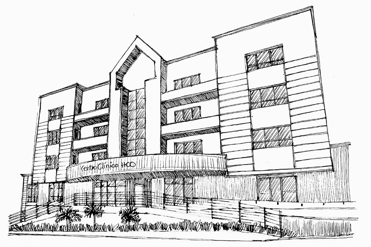 Um desenho em preto e branco de um grande edifício.