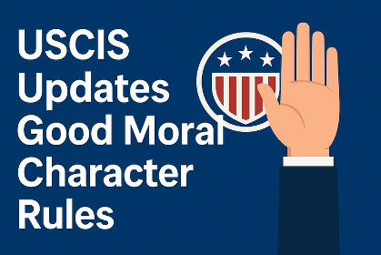 USCIS updates on good moral character rules. hand raised, US flag emblem on a blue background.