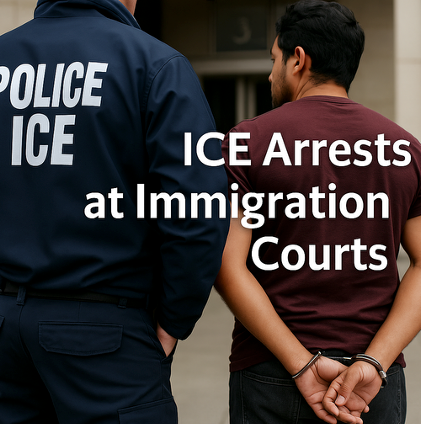 An ICE agent next to a man in handcuffs with the words ice arrests at immigration courts above them