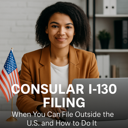 A woman with a warm smile sits in front of a laptop with a U.S. flag on her left. Text reads 