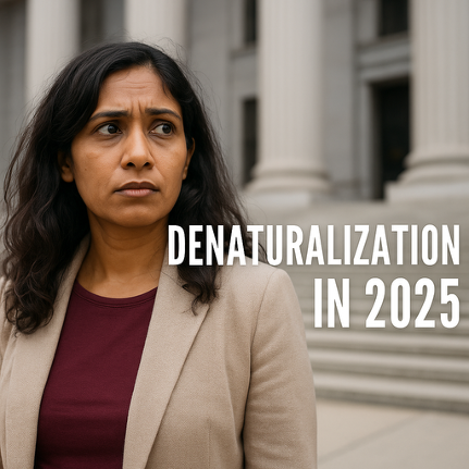 A woman standing in front of a building with the words denaturalization in 2025