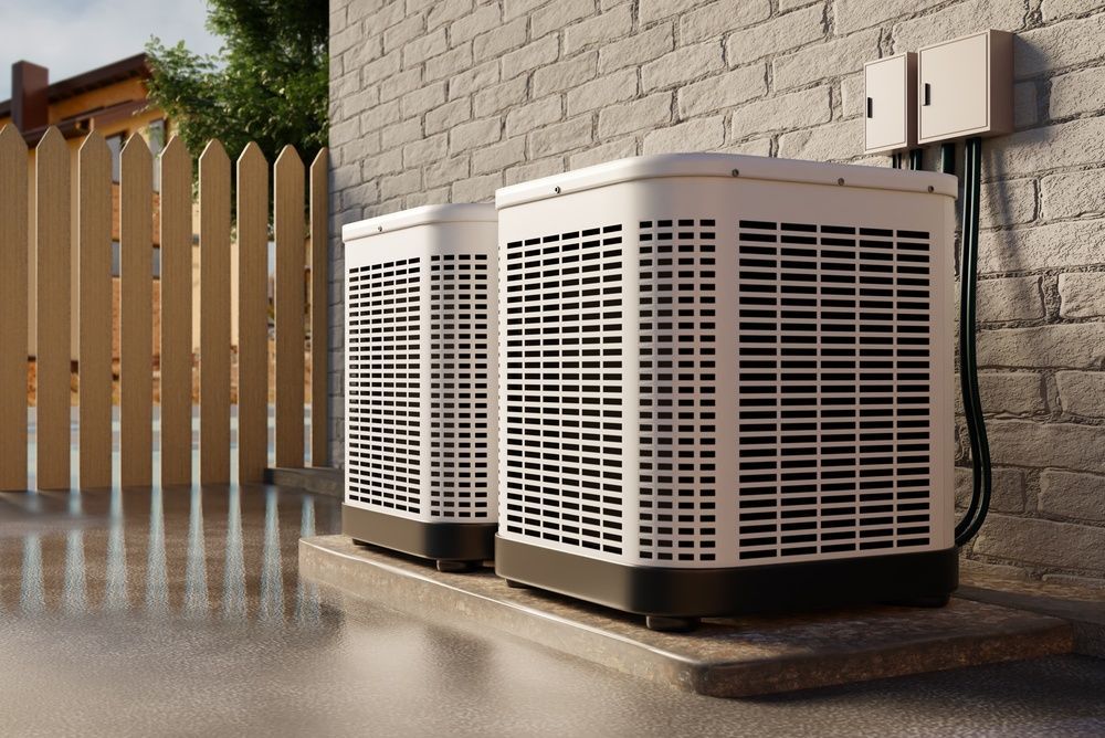Two outdoor air conditioner units beside a brick wall and wooden fence on a wet patio.