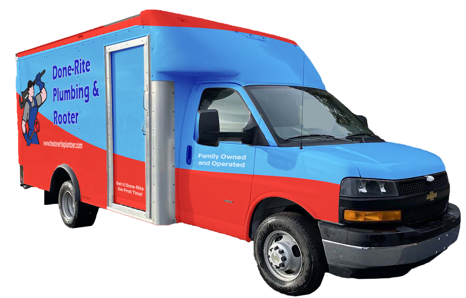 a blue and red van that says done-rite plumbing & rooter