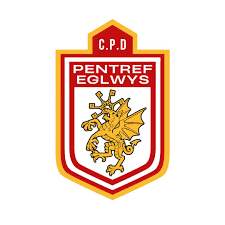 Pentre'r Eglwys football club badge. Shield with red and gold dragon, text 