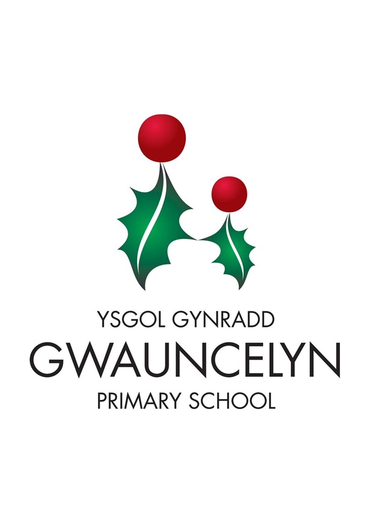 Logo for Ysgol Gynradd Gwancelyn Primary School, two holly berries above text.