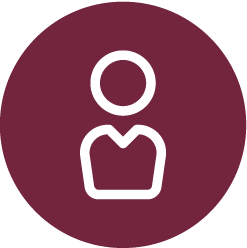 White outline of a person inside a dark red circle.