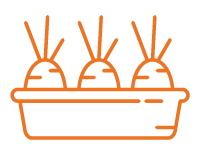 A line drawing of three carrots growing in a container.