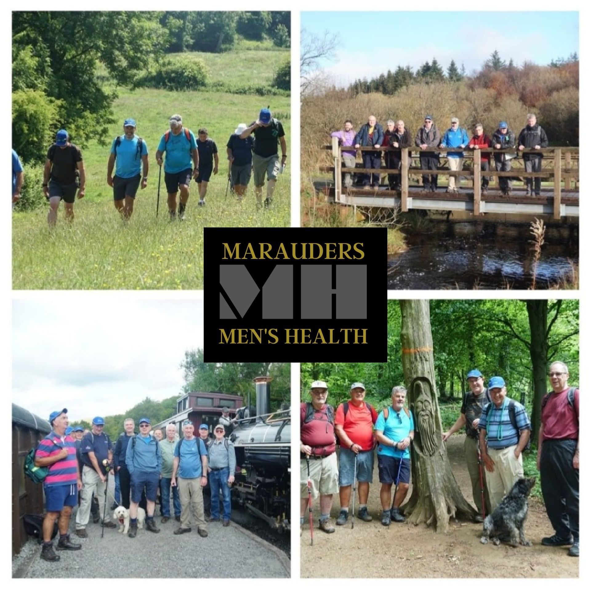 Group of men hiking outdoors, four scenes around a logo that says Marauders Men's Health.