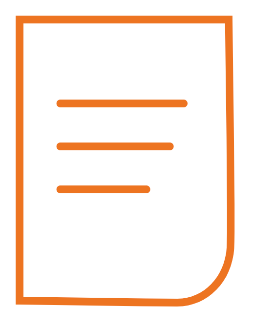 Orange outline of a document with three horizontal lines, suggesting text.