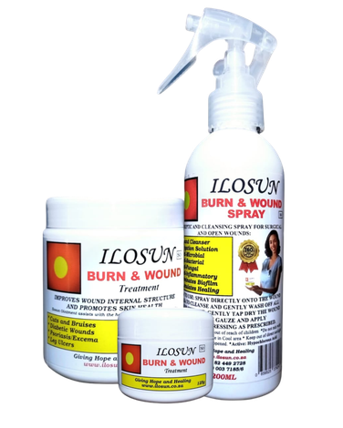 An image of a tub of Iluson Burn & Wound Treatment & a bottle labelled similarly.