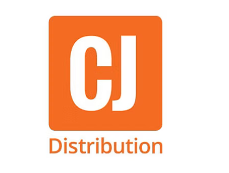 An orange and white logo for cj distribution