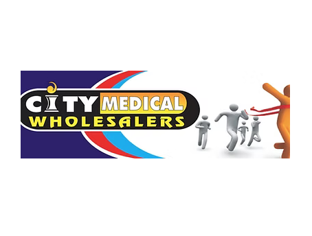 The logo for city medical wholesalers shows a group of people running towards a finish line.
