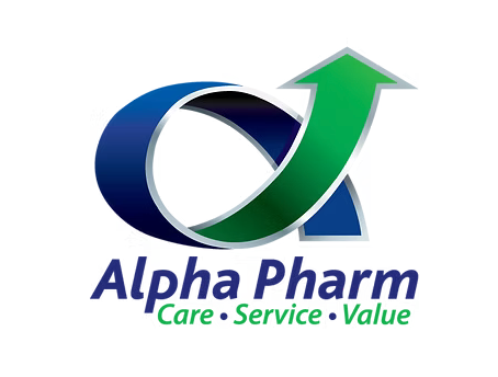A blue and green logo for alpha pharm care service value