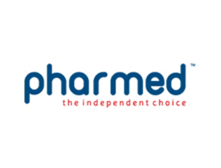 A blue and red logo for pharmed the independent choice